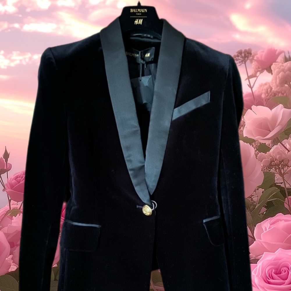 Balmain collab xhm sz 10 EU 40 black velvet tuxedo jacket blazer blogger…